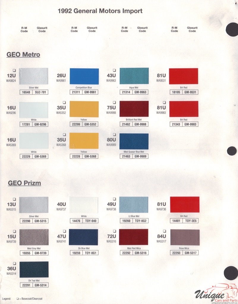 1992 General Motors Import Paint Charts RM 2